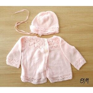 Vintage Hand Knit Baby Girl Pink Sweater and Bonnet